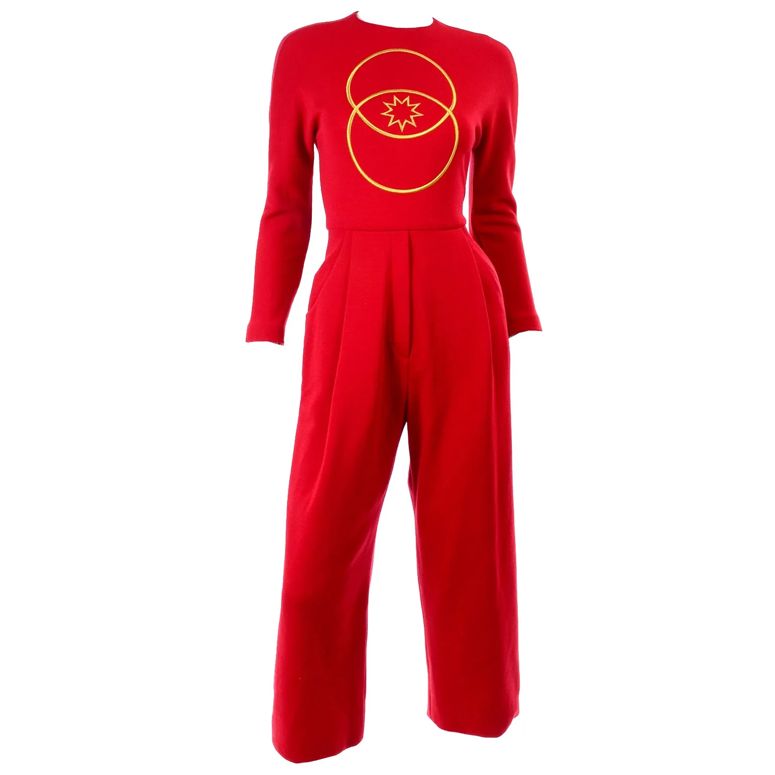 1980s Geoffrey Beene Red Jumpsuit With Gold Embroidery