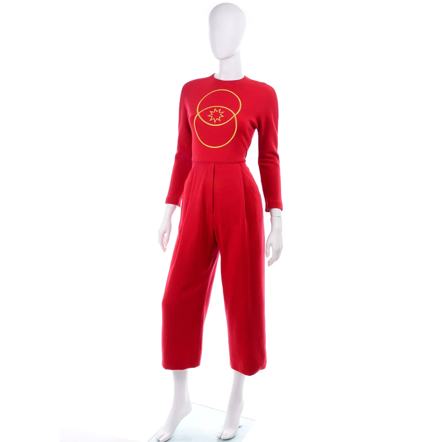 1980s Geoffrey Beene Red Jumpsuit With Gold Embroidery