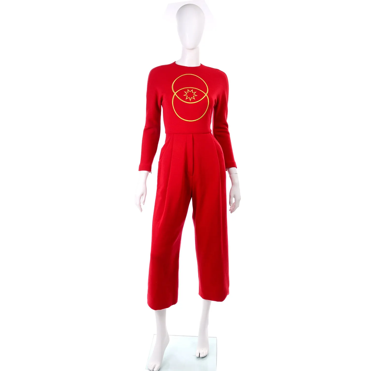 1980s Geoffrey Beene Red Jumpsuit With Gold Embroidery