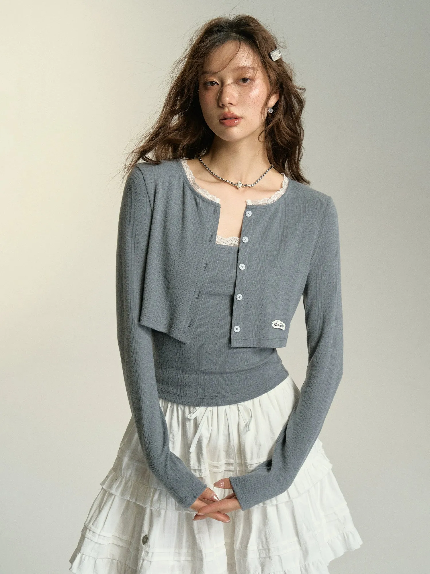 (Final Sale) Lace Trim Cropped Cardigan & Tank Top Set