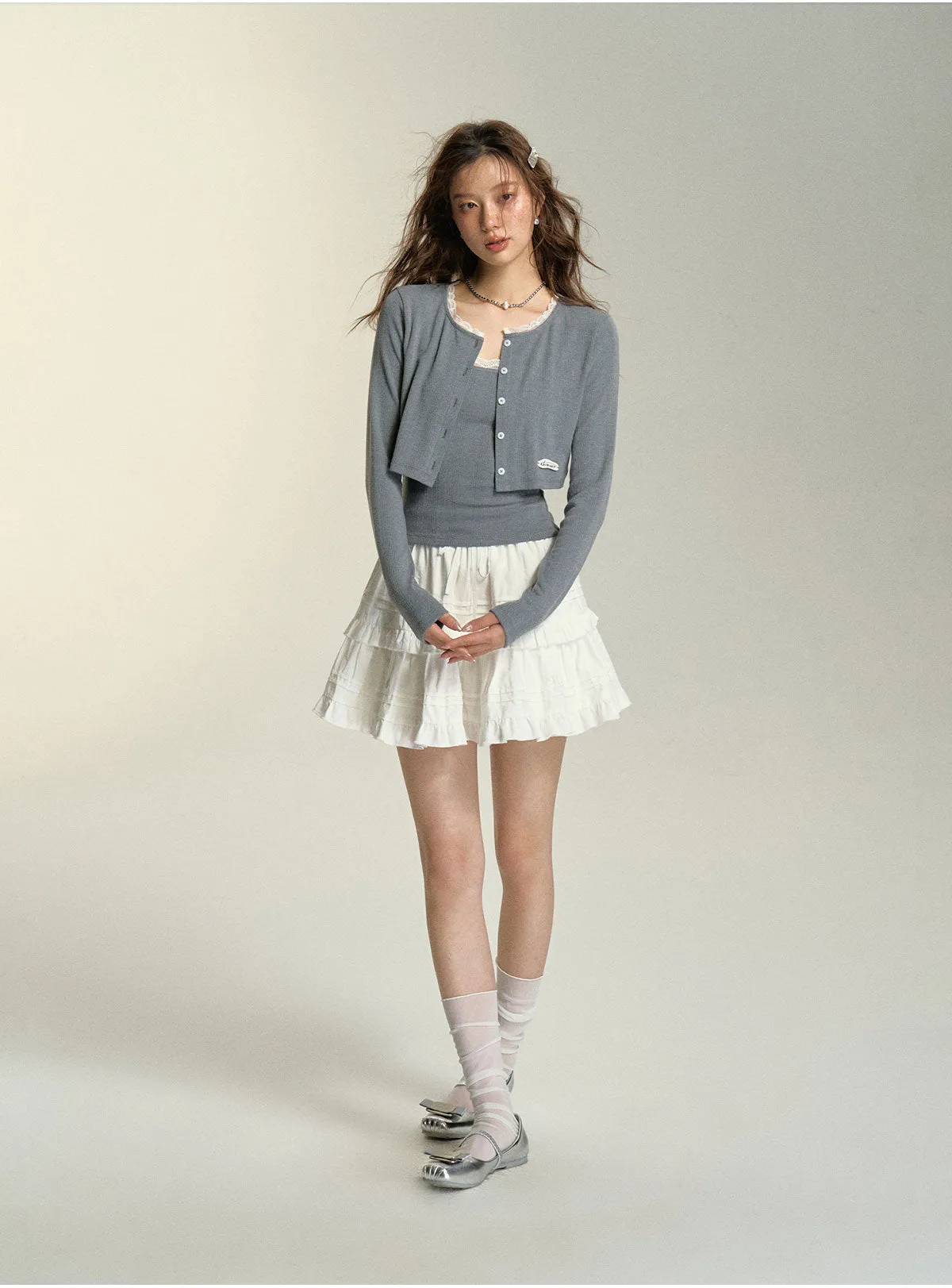 (Final Sale) Lace Trim Cropped Cardigan & Tank Top Set