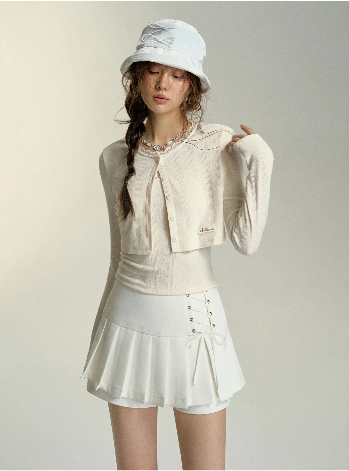 (Final Sale) Lace Trim Cropped Cardigan & Tank Top Set