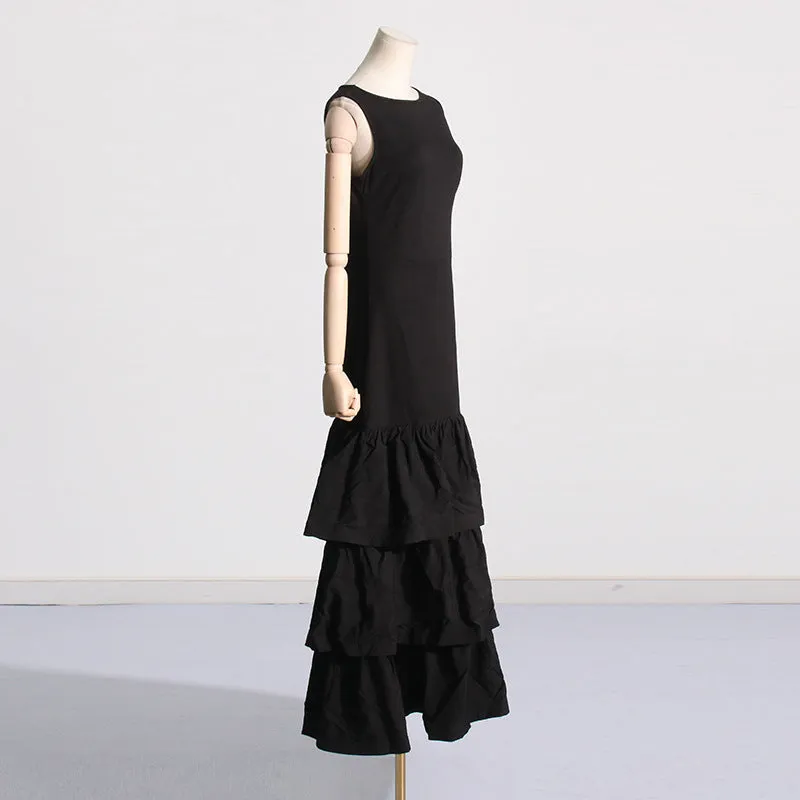 Summer Elegant Lady Sleeveless Patchwork Ruffled Slim Slimming Sheath Fishtail Dress for Women