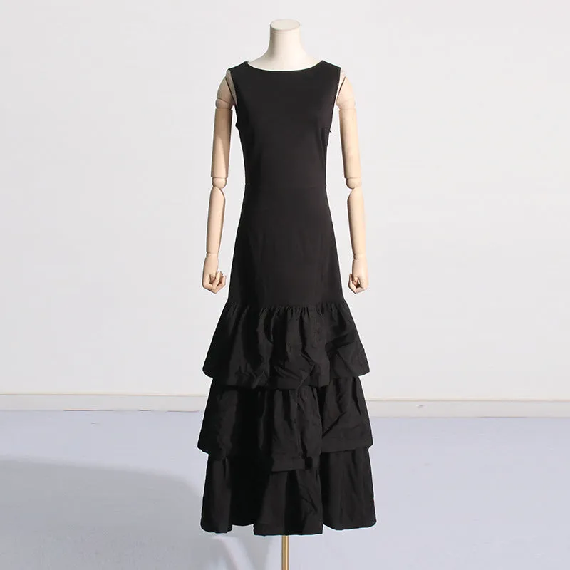 Summer Elegant Lady Sleeveless Patchwork Ruffled Slim Slimming Sheath Fishtail Dress for Women
