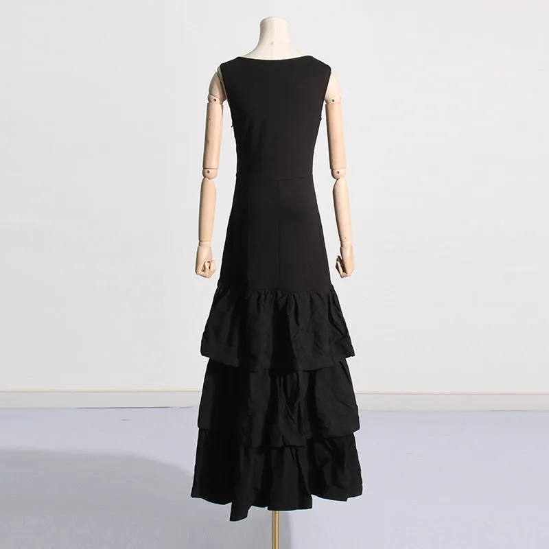 Summer Elegant Lady Sleeveless Patchwork Ruffled Slim Slimming Sheath Fishtail Dress for Women