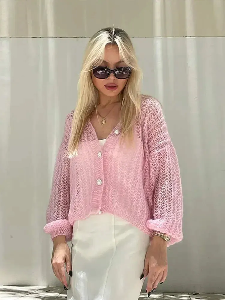 TAVIMART  -  Fashion Sweet Pink Hollow Out Knitted Cardigan Women Casual Long Lantern Sleeves Single Breasted Sweater Lady Chic Knitwear