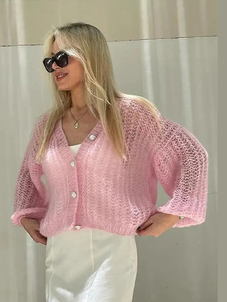 TAVIMART  -  Fashion Sweet Pink Hollow Out Knitted Cardigan Women Casual Long Lantern Sleeves Single Breasted Sweater Lady Chic Knitwear