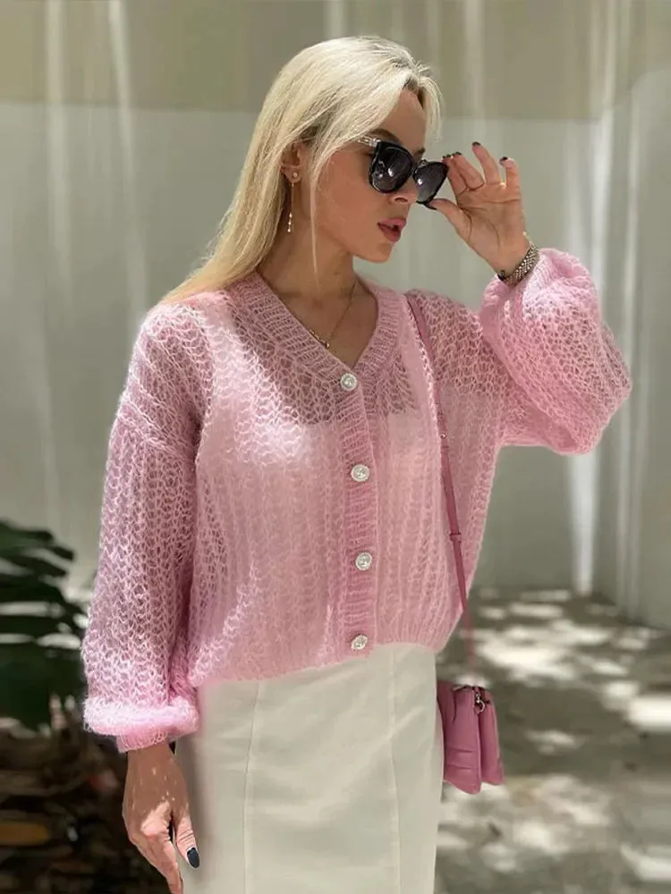 TAVIMART  -  Fashion Sweet Pink Hollow Out Knitted Cardigan Women Casual Long Lantern Sleeves Single Breasted Sweater Lady Chic Knitwear