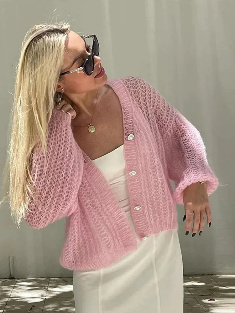 TAVIMART  -  Fashion Sweet Pink Hollow Out Knitted Cardigan Women Casual Long Lantern Sleeves Single Breasted Sweater Lady Chic Knitwear