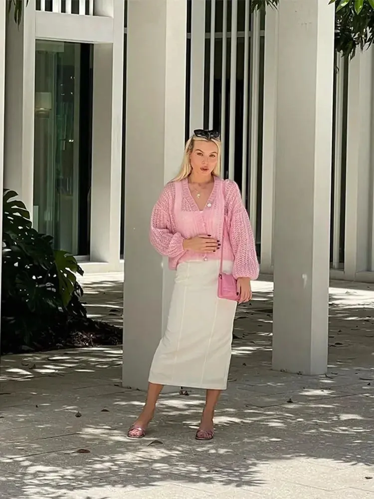 TAVIMART  -  Fashion Sweet Pink Hollow Out Knitted Cardigan Women Casual Long Lantern Sleeves Single Breasted Sweater Lady Chic Knitwear