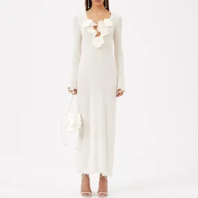 Three Dimensional Floral Decoration V neck Long Sleeve Solid Color Dress Slimming Slit Maxi Dress Women