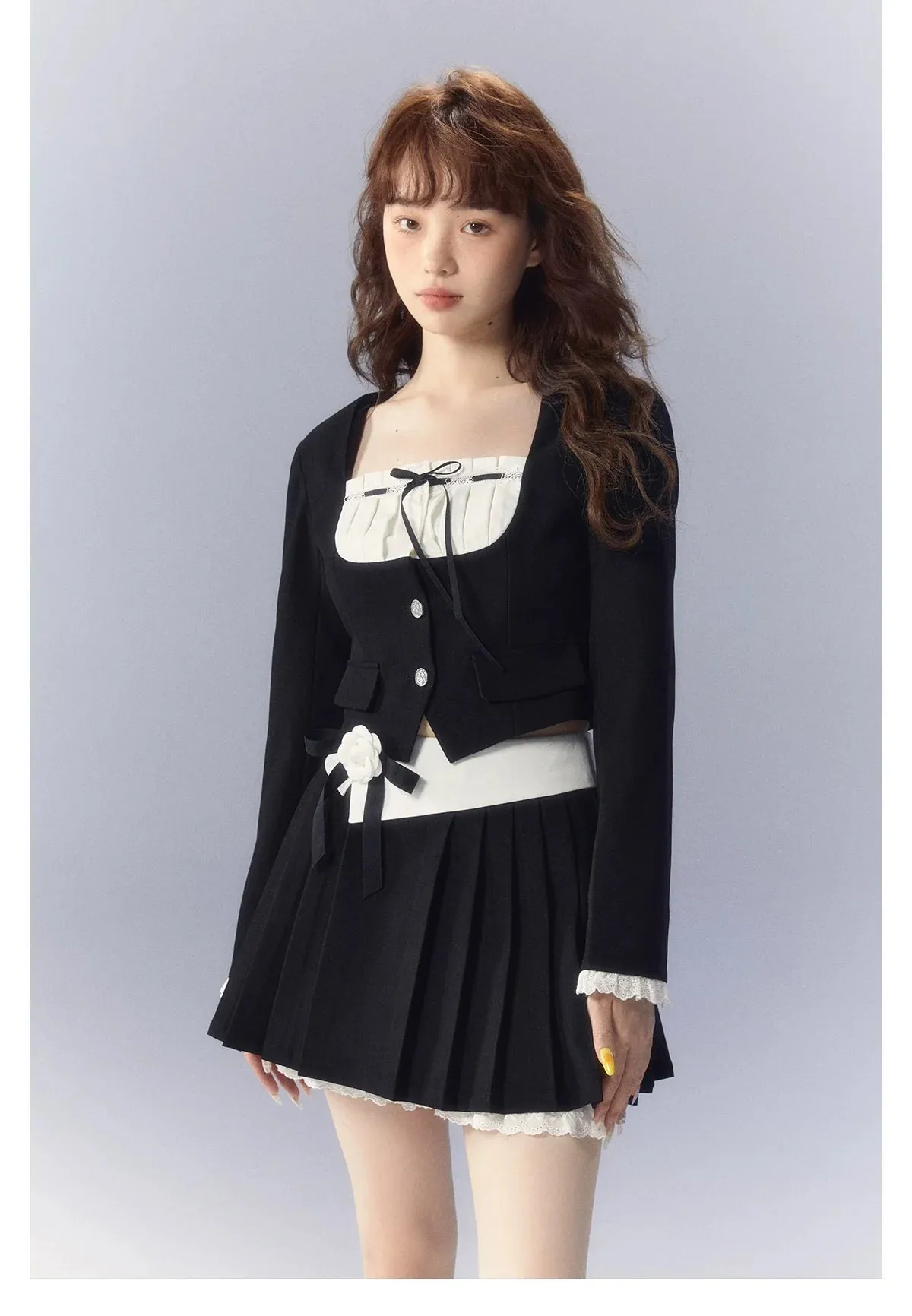 White Square-neck Cardigan & Skirt Set