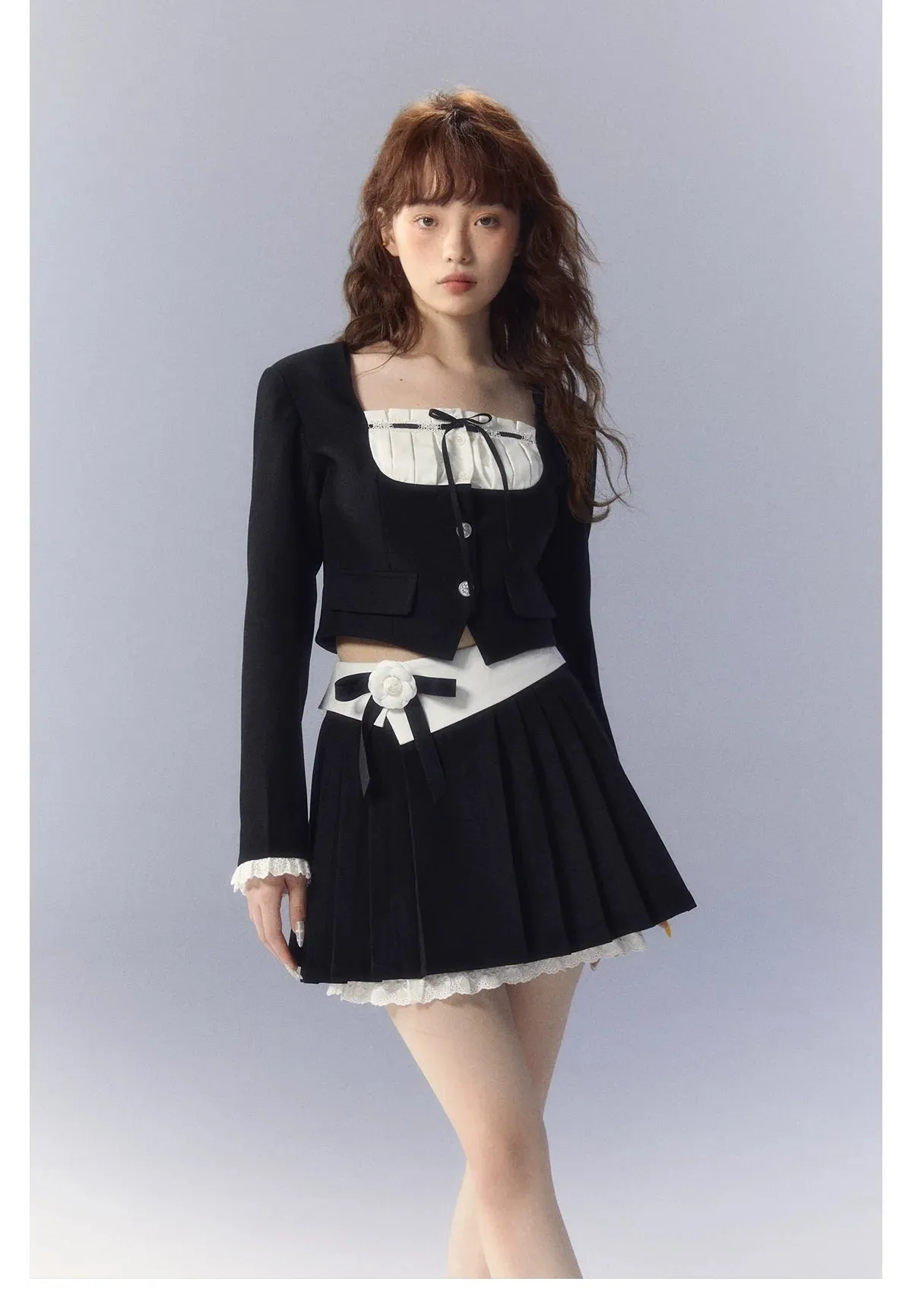 White Square-neck Cardigan & Skirt Set