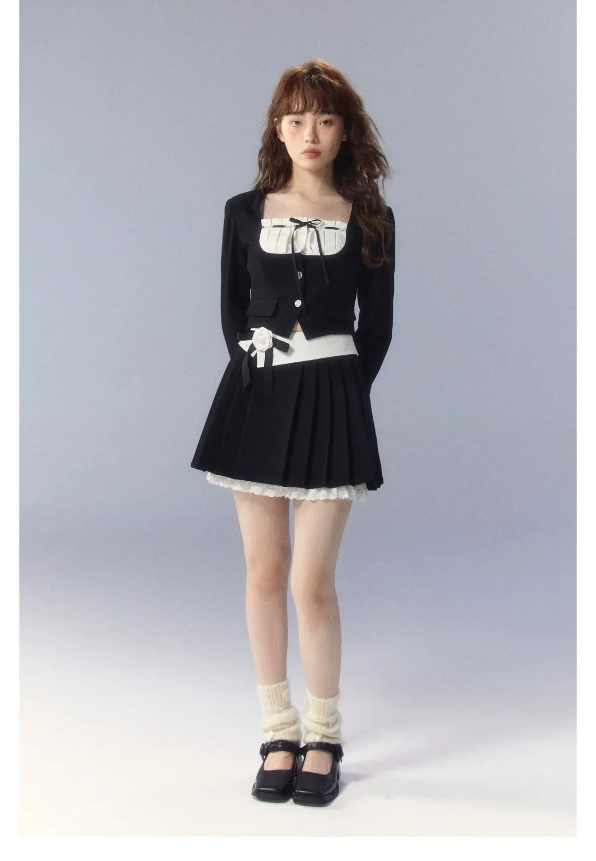 White Square-neck Cardigan & Skirt Set