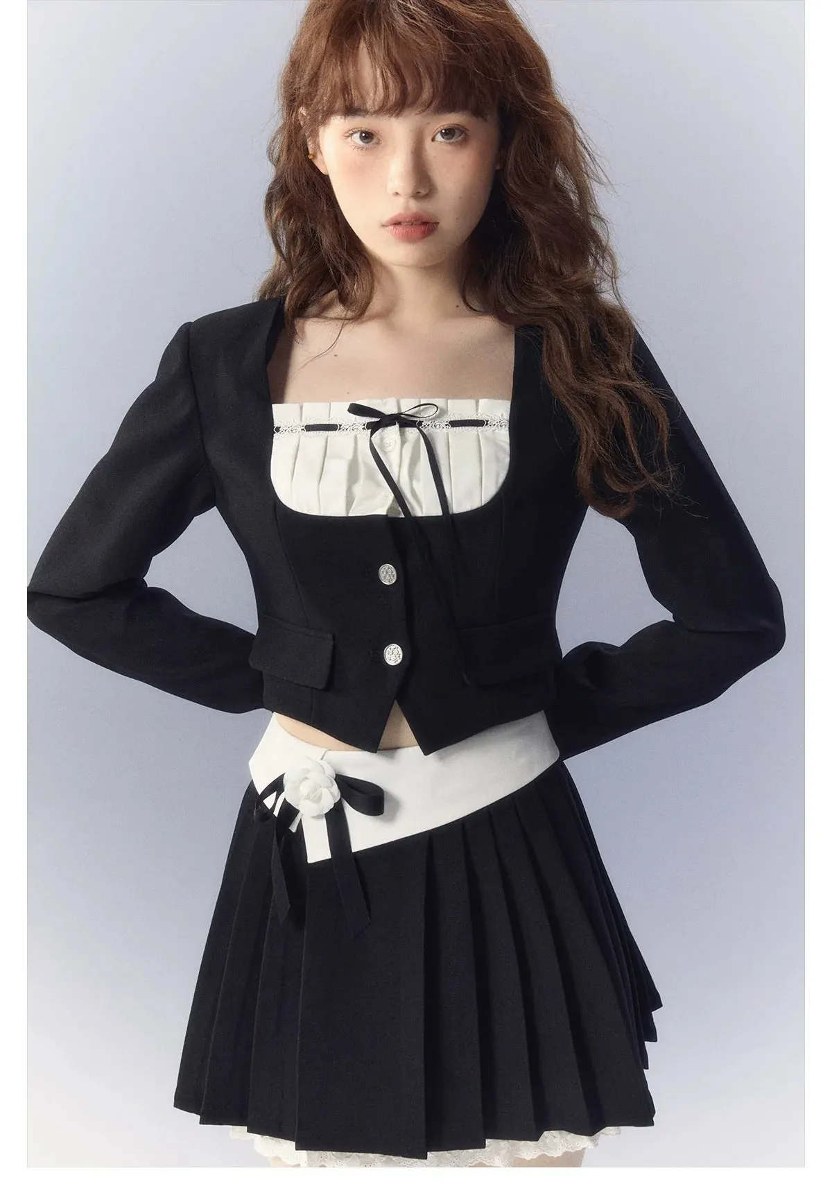 White Square-neck Cardigan & Skirt Set