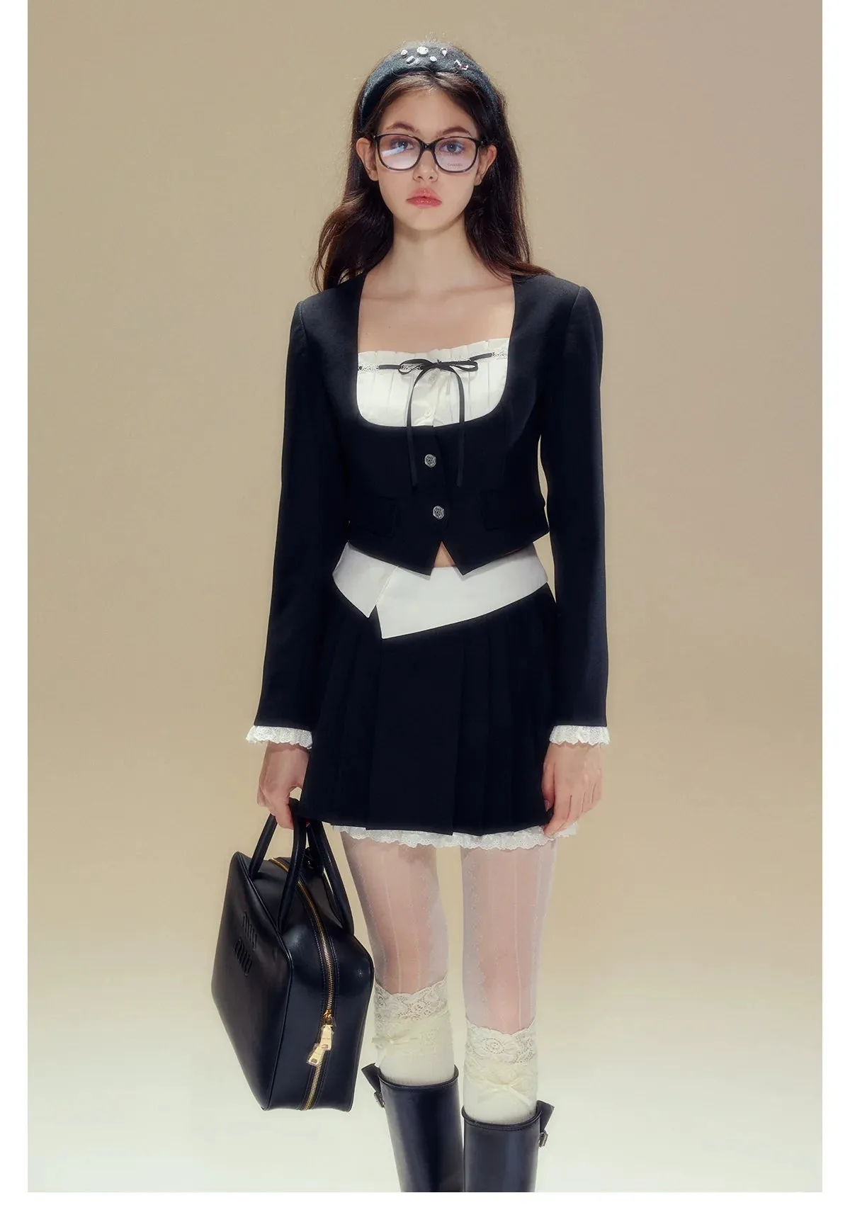 White Square-neck Cardigan & Skirt Set
