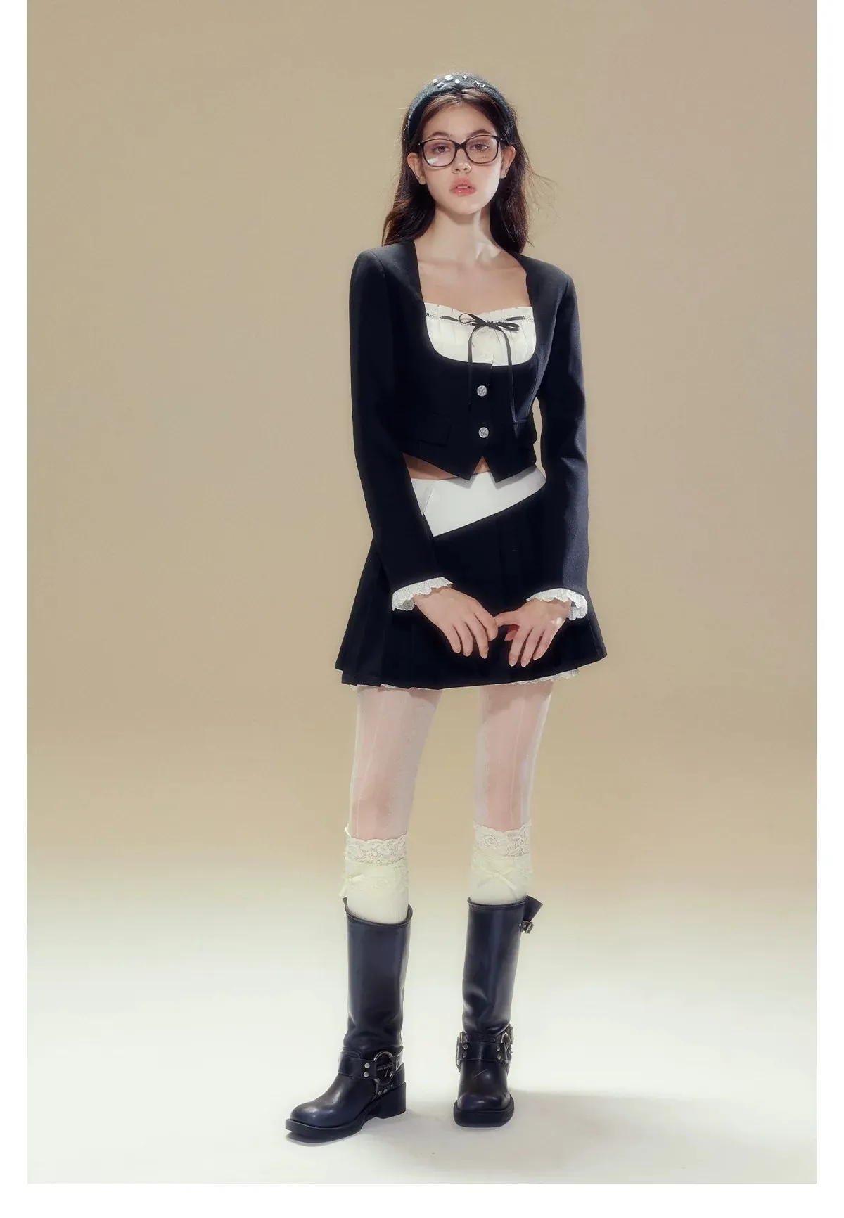 White Square-neck Cardigan & Skirt Set