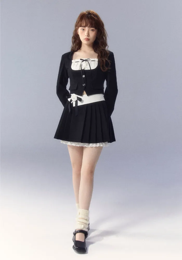 White Square-neck Cardigan & Skirt Set