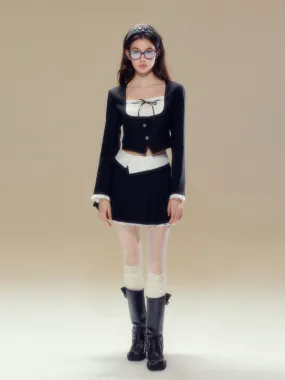 White Square-neck Cardigan & Skirt Set