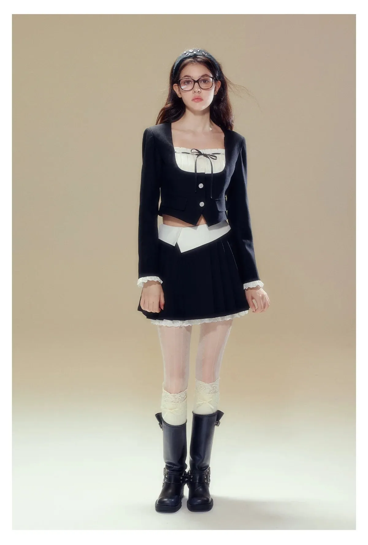 White Square-neck Cardigan & Skirt Set