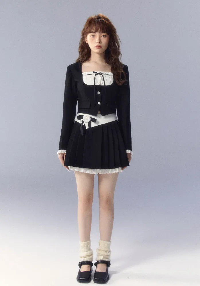 White Square-neck Cardigan & Skirt Set