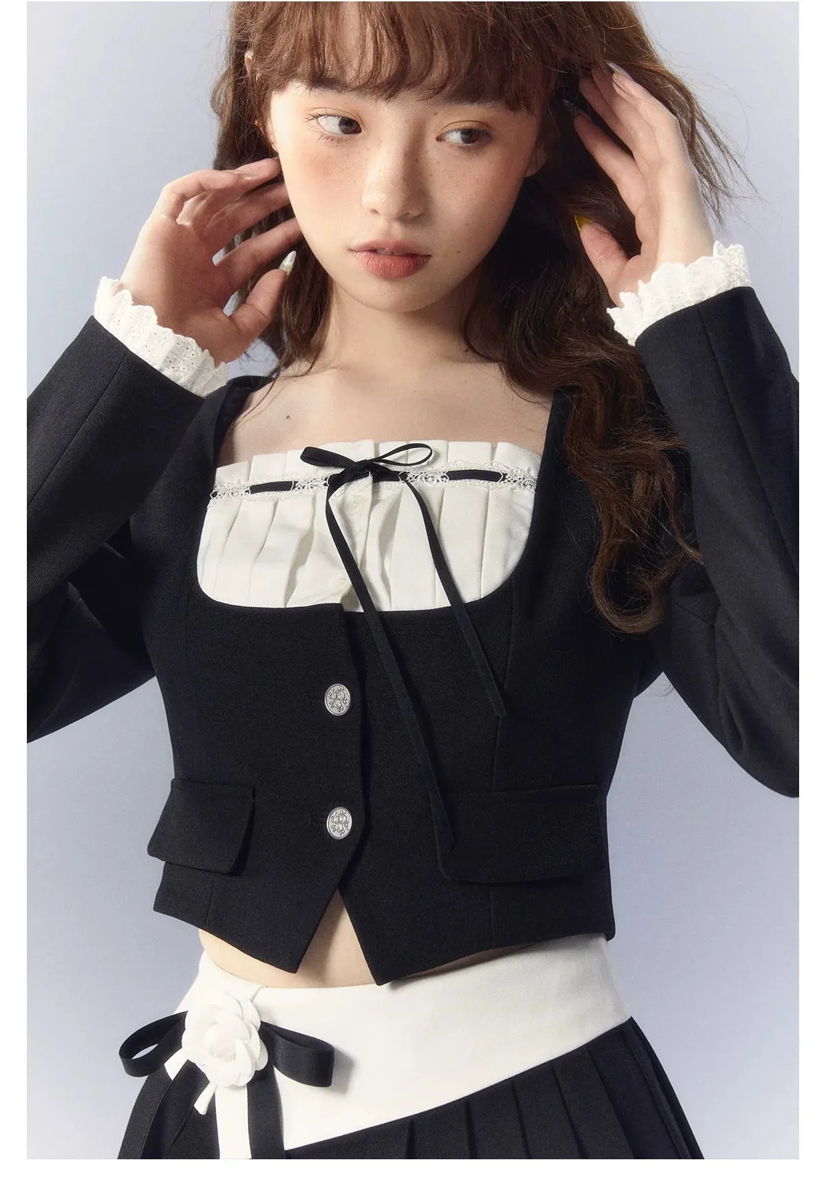 White Square-neck Cardigan & Skirt Set