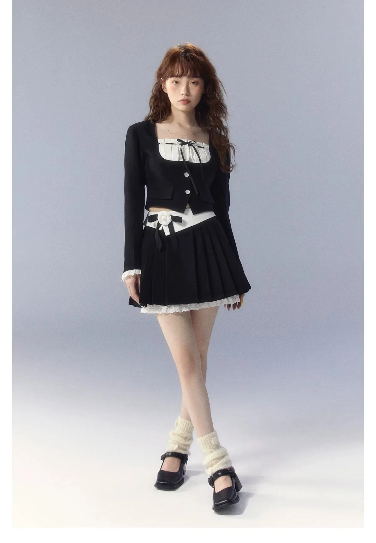 White Square-neck Cardigan & Skirt Set