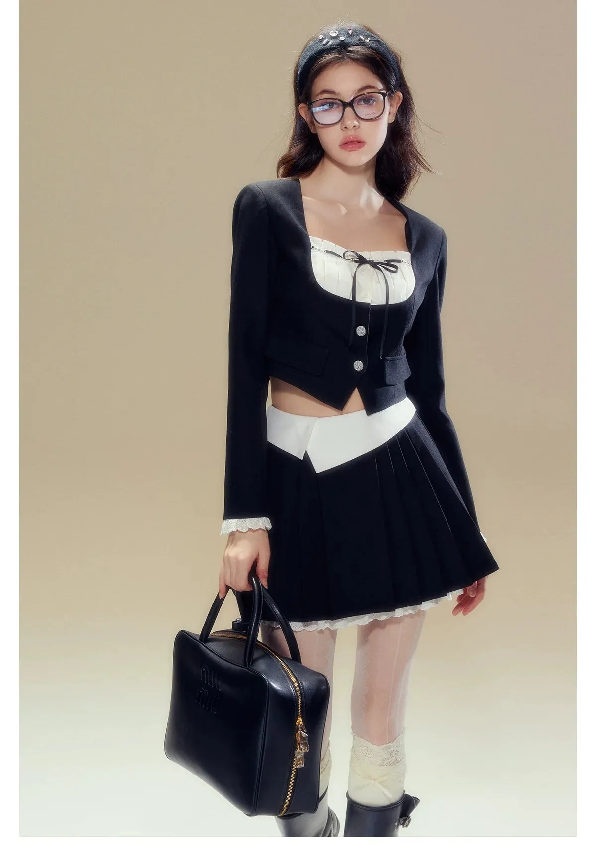 White Square-neck Cardigan & Skirt Set